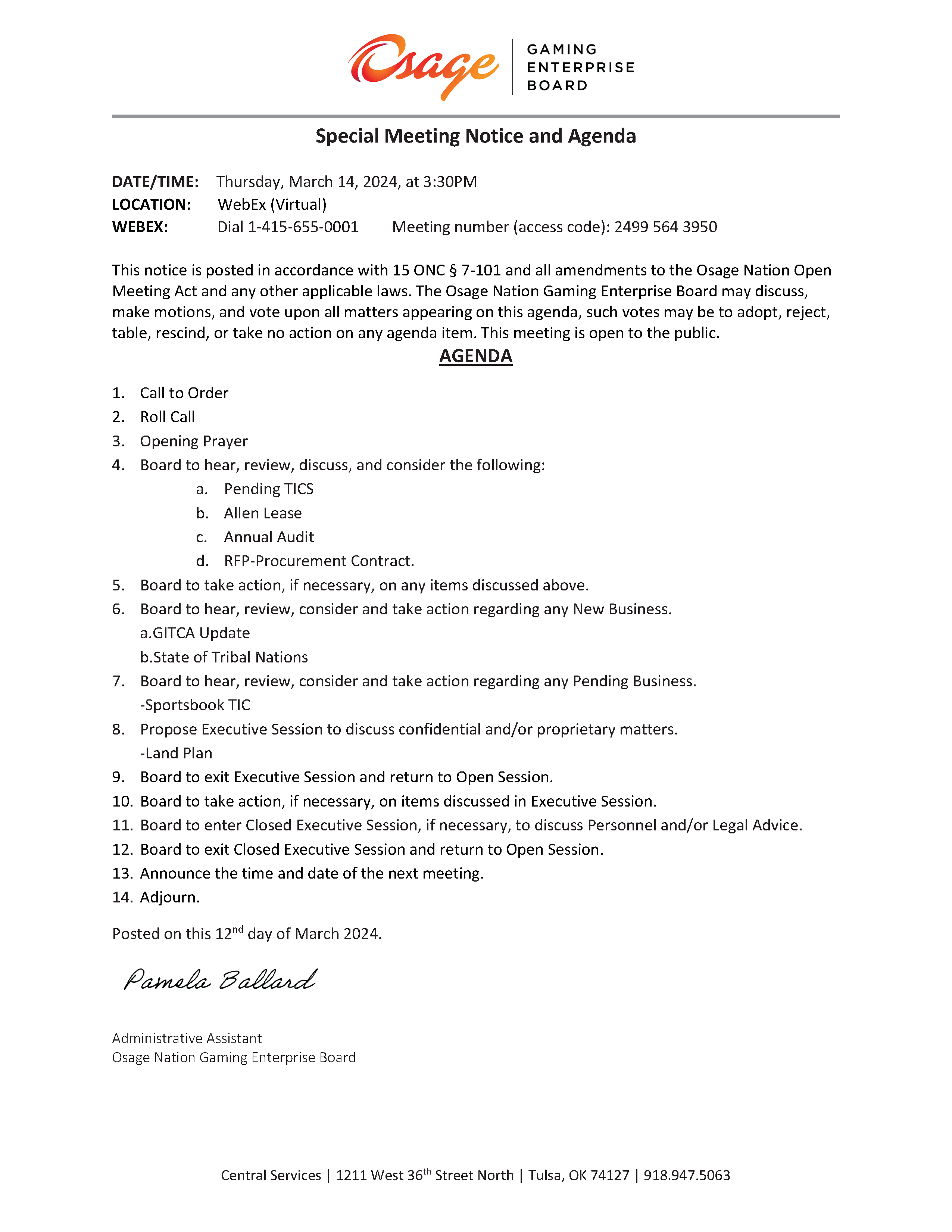 Special Meeting Notice and Agenda