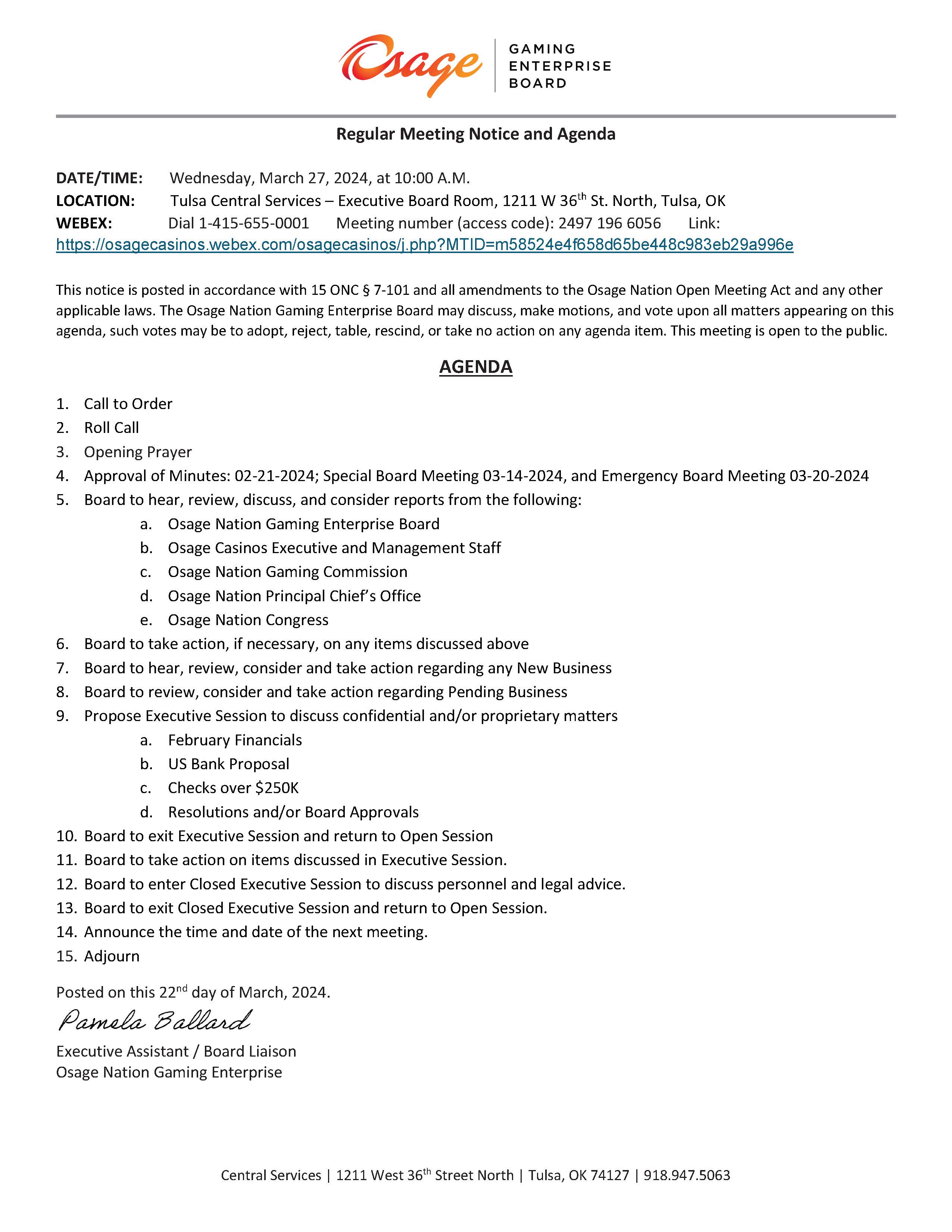 Regular Meeting of the Osage Nation Gaming Enterprise Board