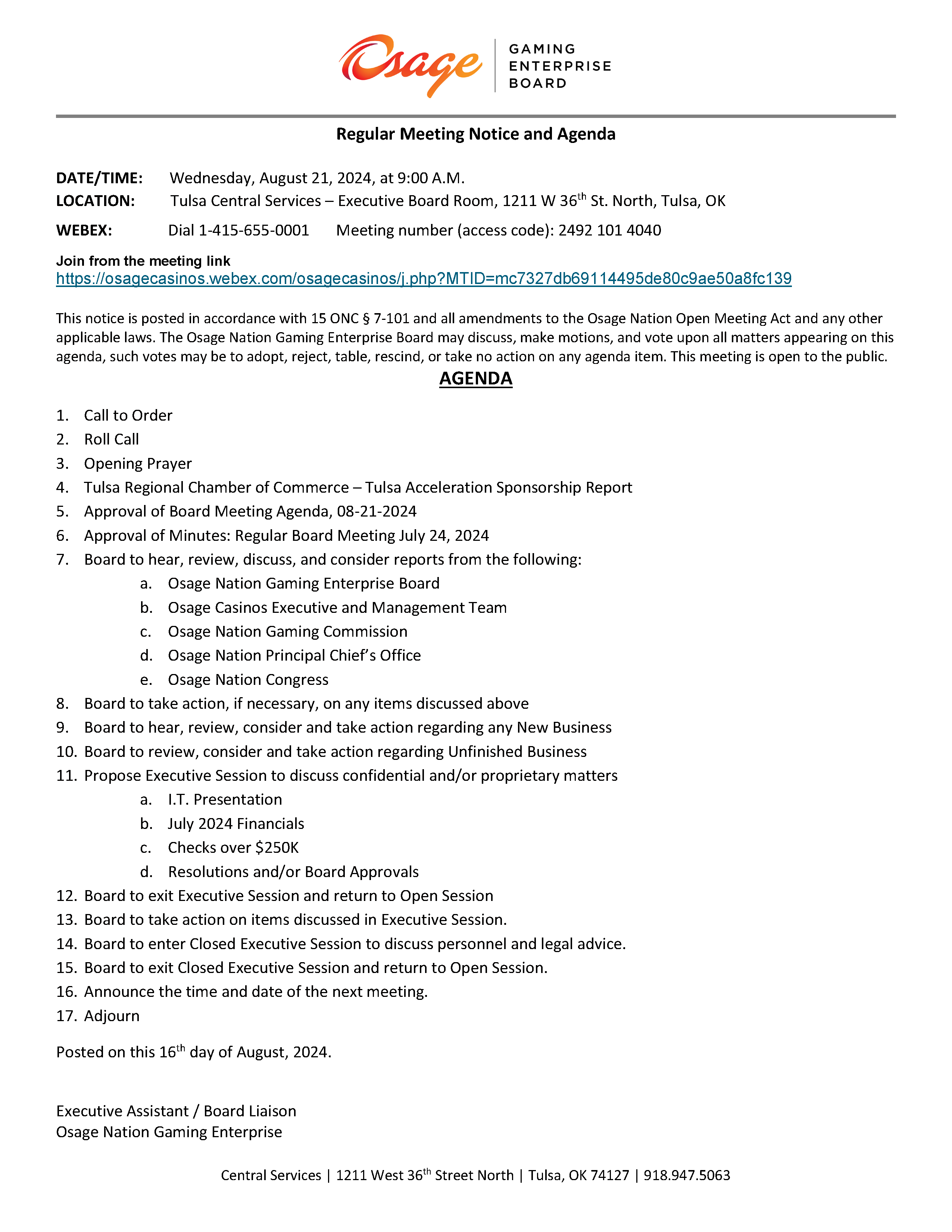 Regular Meeting Notice and Agenda