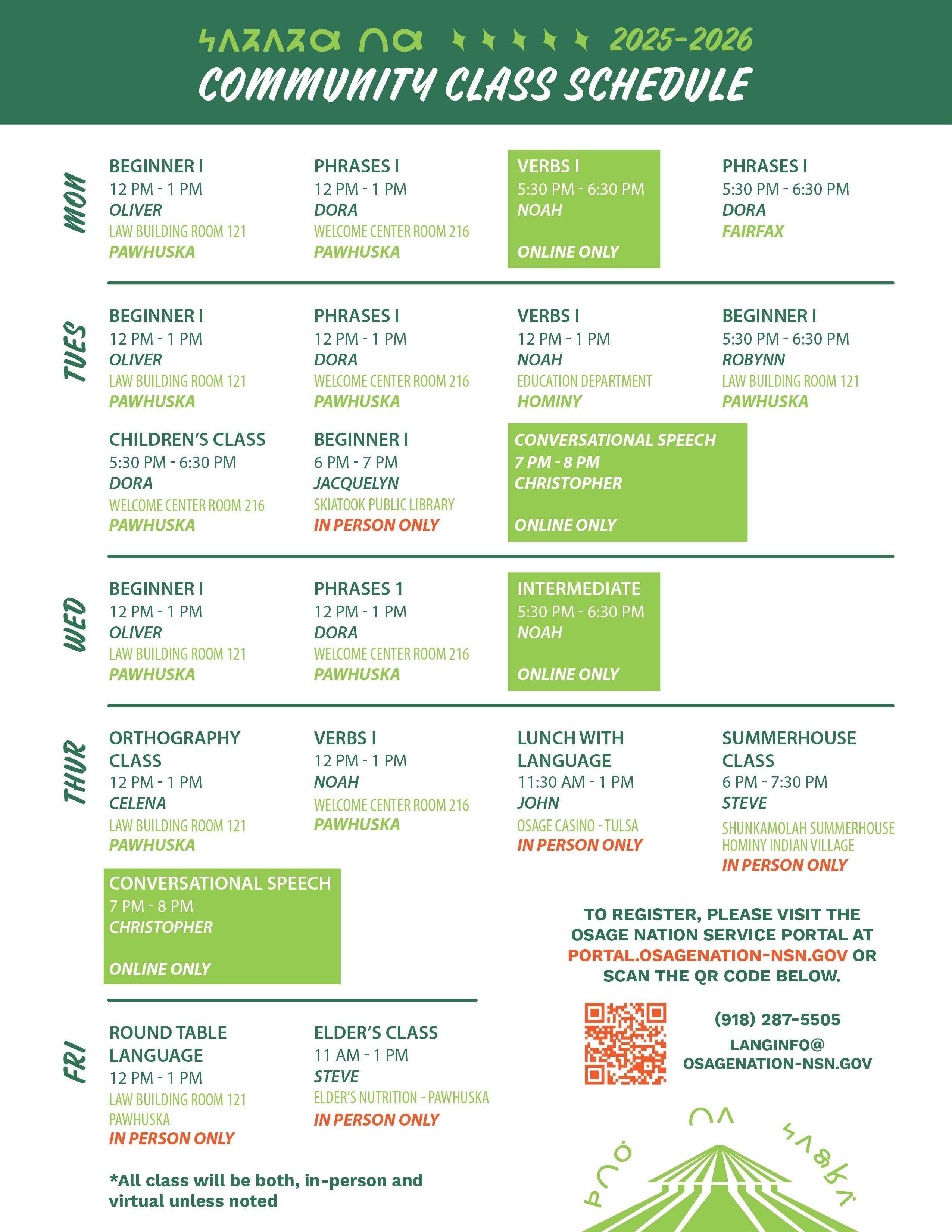 ONLD Community Class Schedule 2025-26