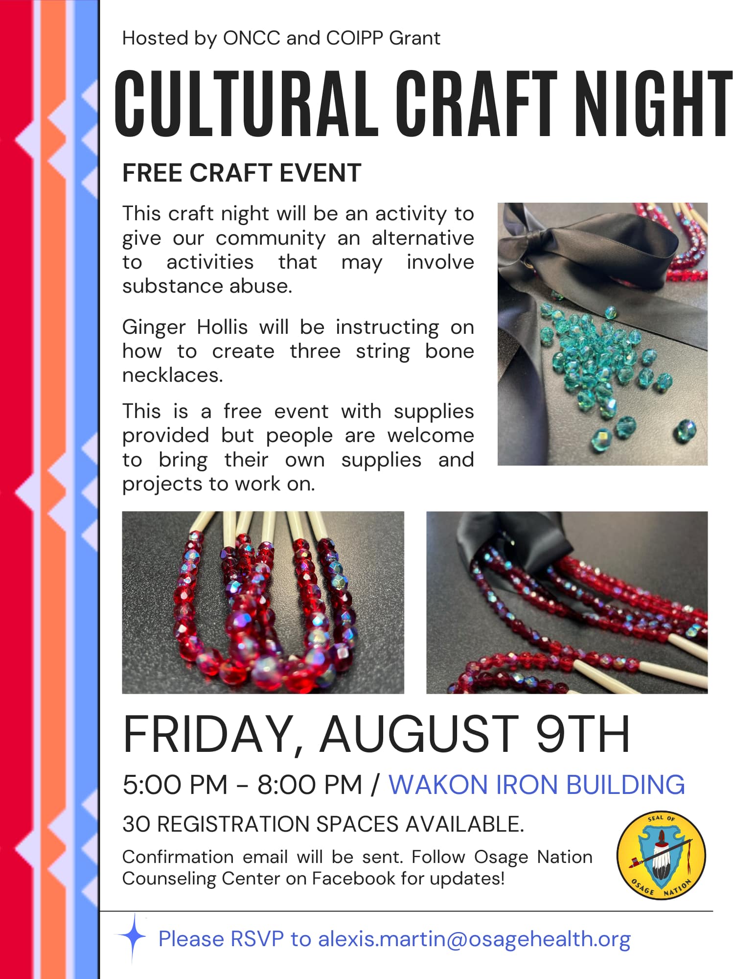 Cultural Craft Night Flyer, Friday August 9th at 5PM at Wakon Iron