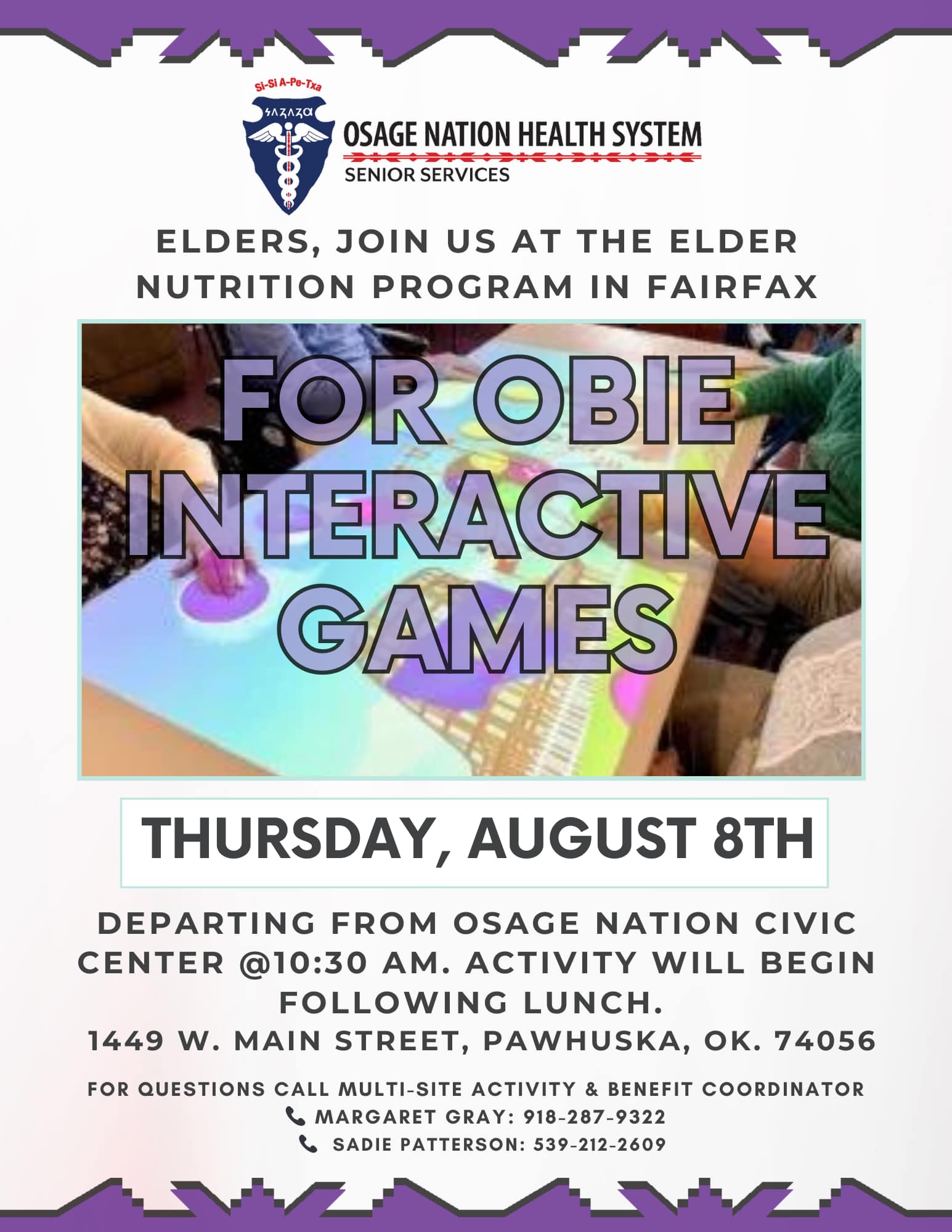 Elders, come join us at the Elder Nutrition Program in Fairfax this Thursday, August 8th, for an exciting session of Obie interactive games