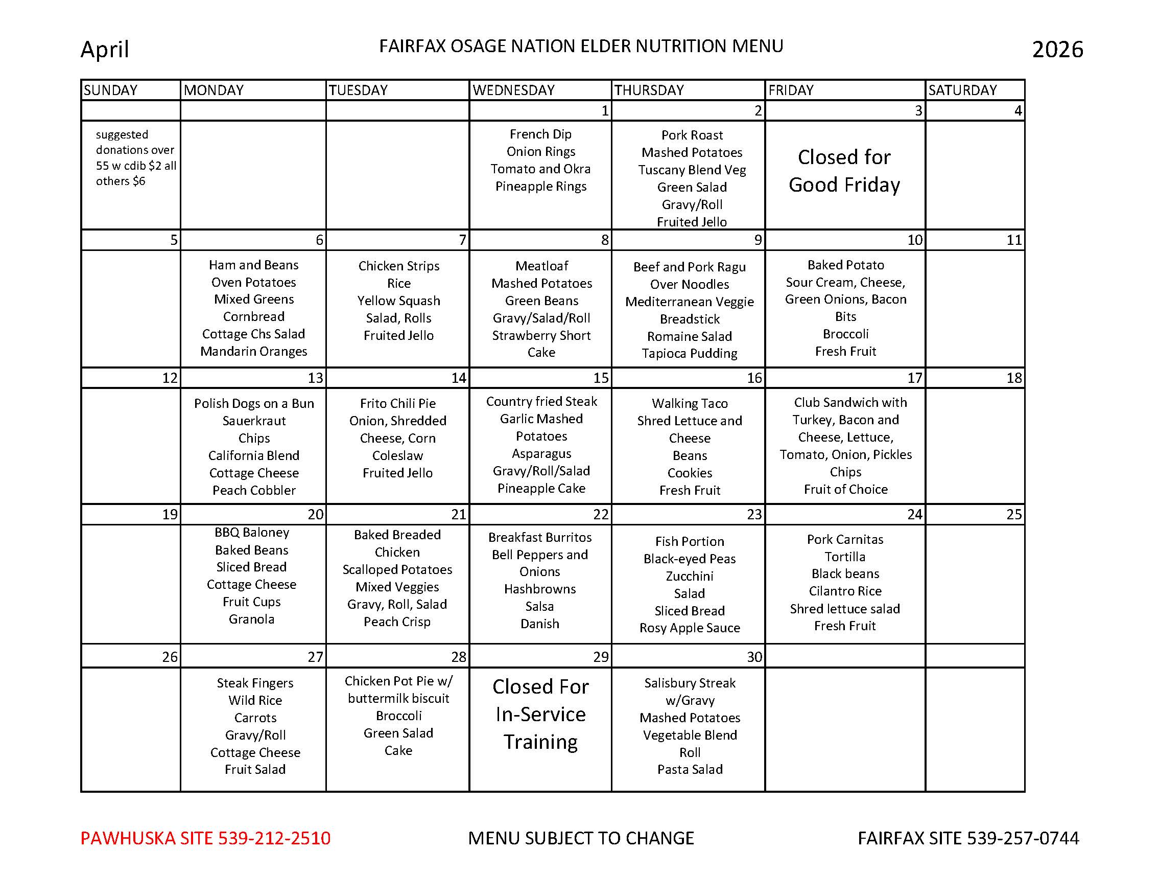 Fairfax menu April 2026