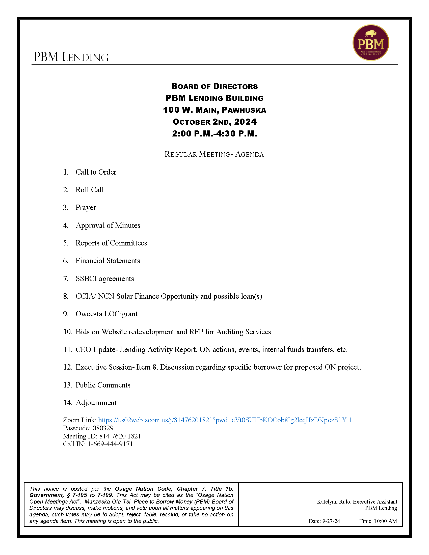 PBM Board Agenda