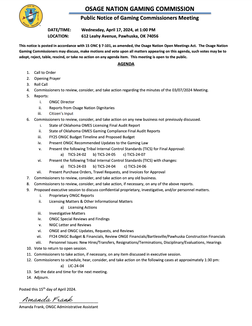 Osage Nation Gaming Commission 4.17.24 Agenda