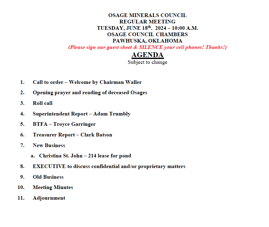 Osage Minerals Council Meeting Agenda 6/18/24